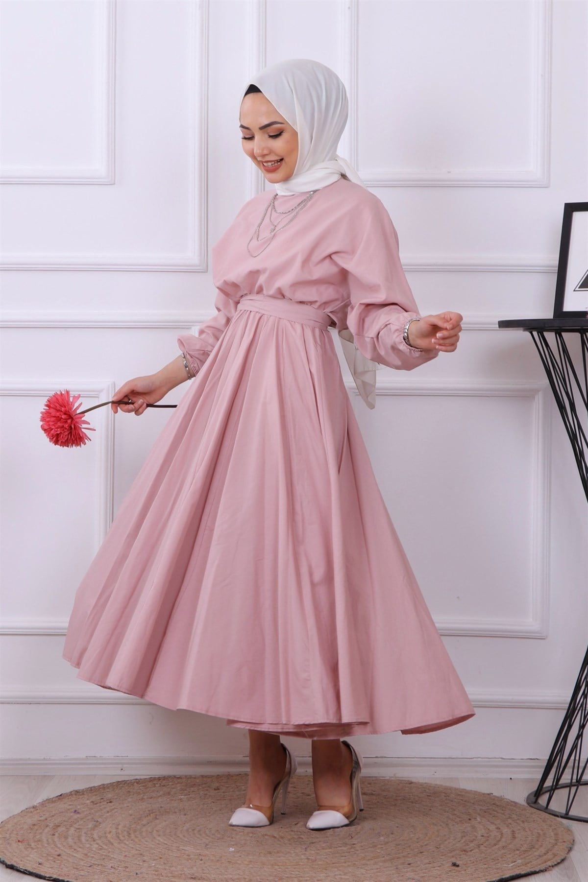 Mevlana Model Kemerli Elbise Pudra
