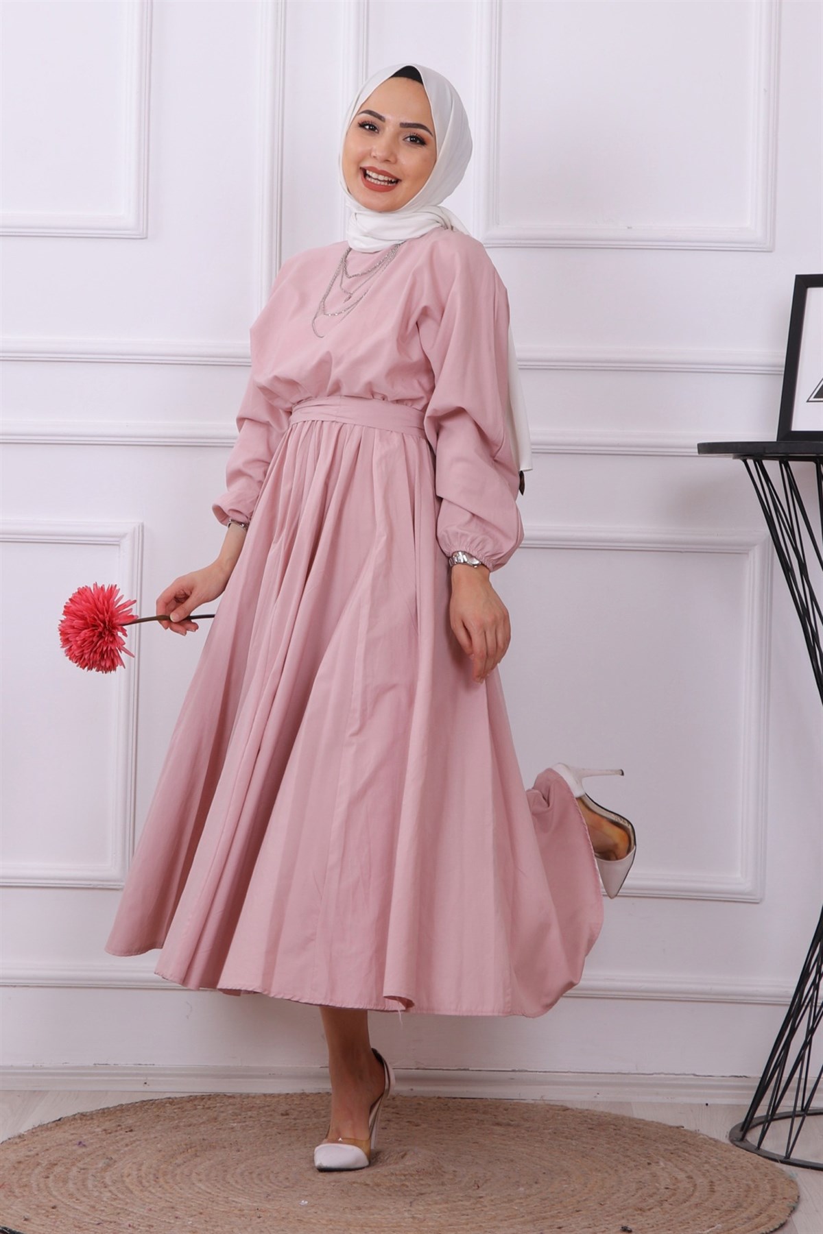 Mevlana Model Kemerli Elbise Pudra