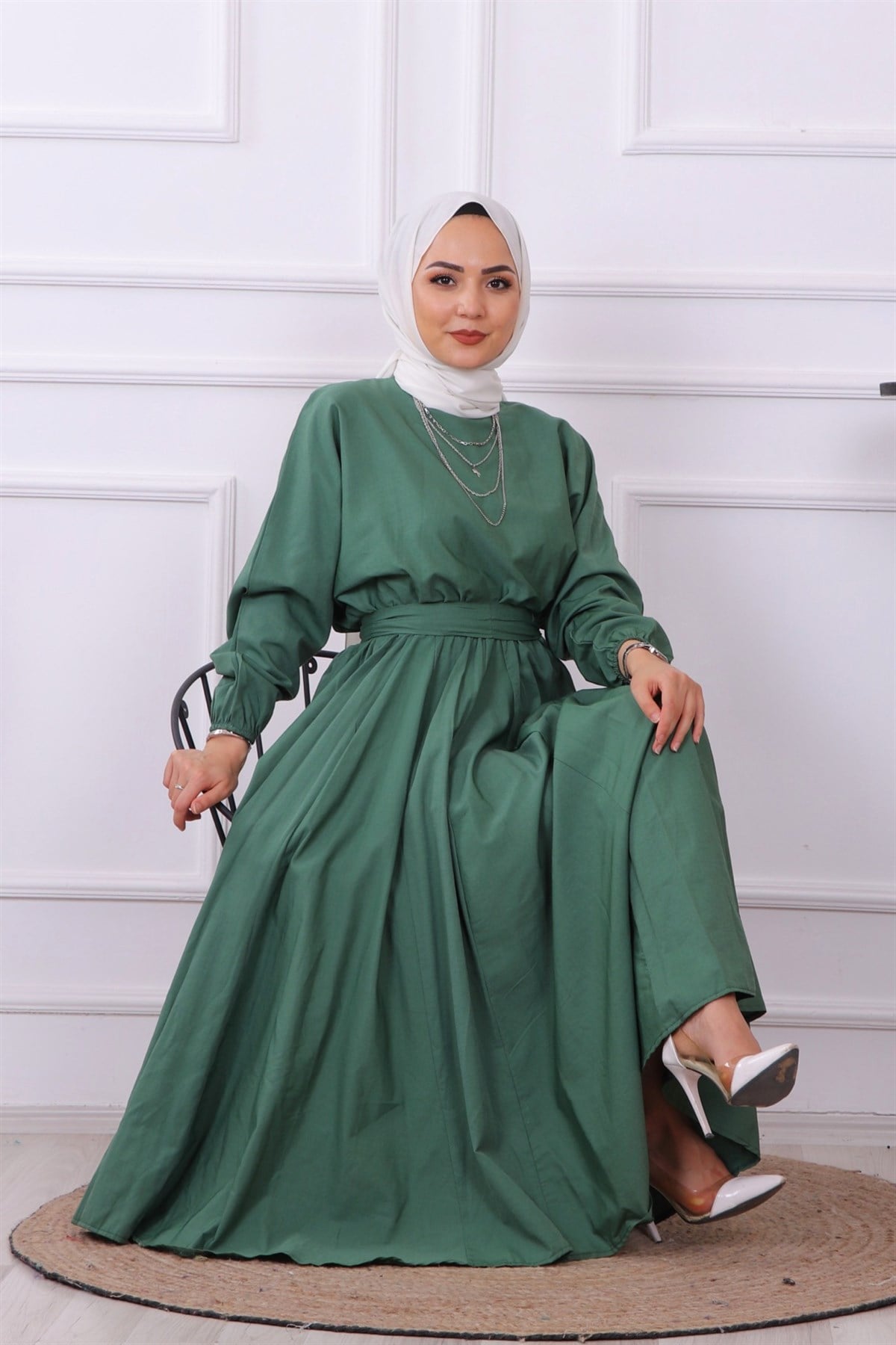 Mevlana Model Kemerli Elbise Yeşil