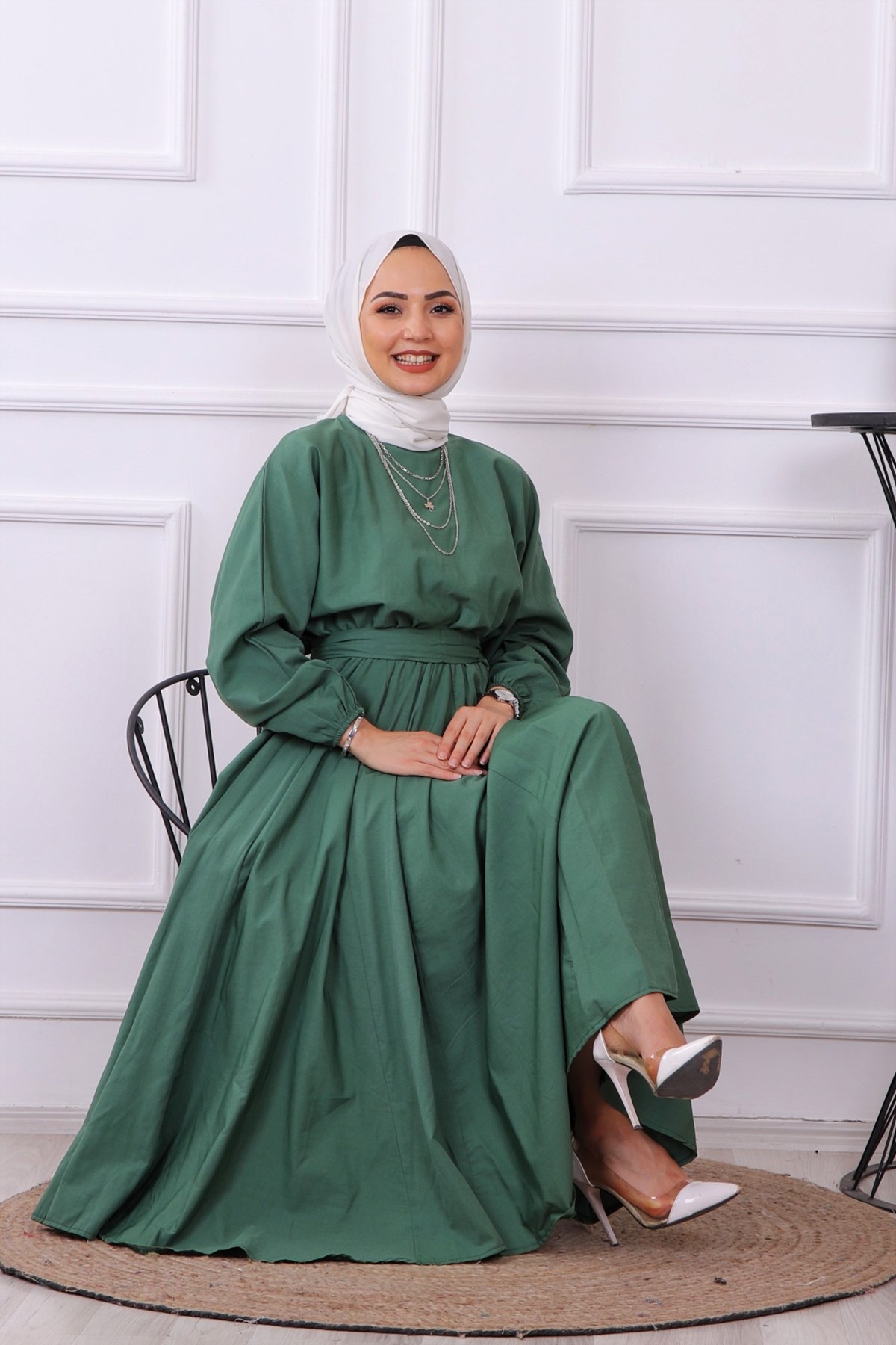 Mevlana Model Kemerli Elbise Yeşil