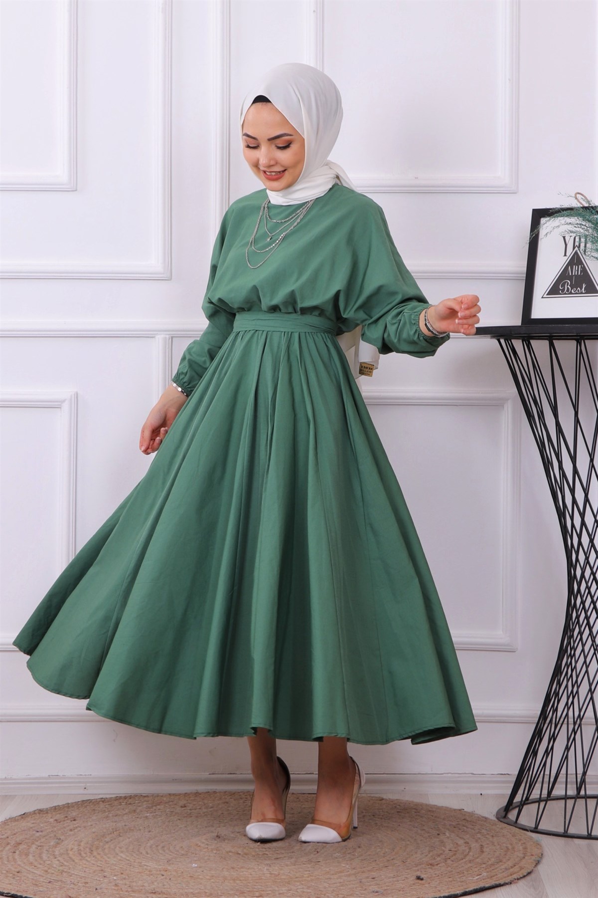 Mevlana Model Kemerli Elbise Yeşil