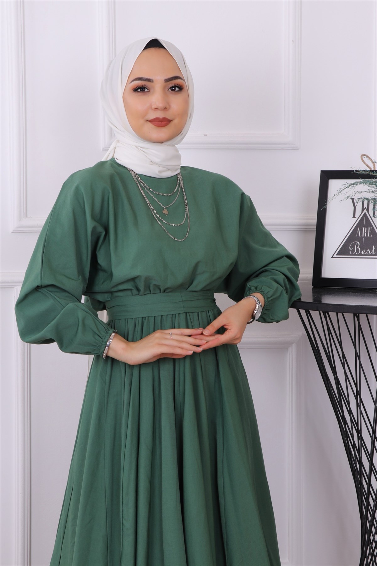 Mevlana Model Kemerli Elbise Yeşil