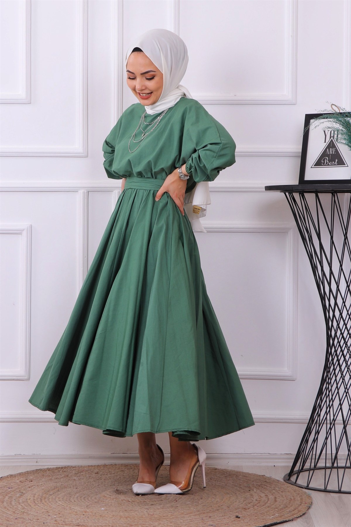 Mevlana Model Kemerli Elbise Yeşil