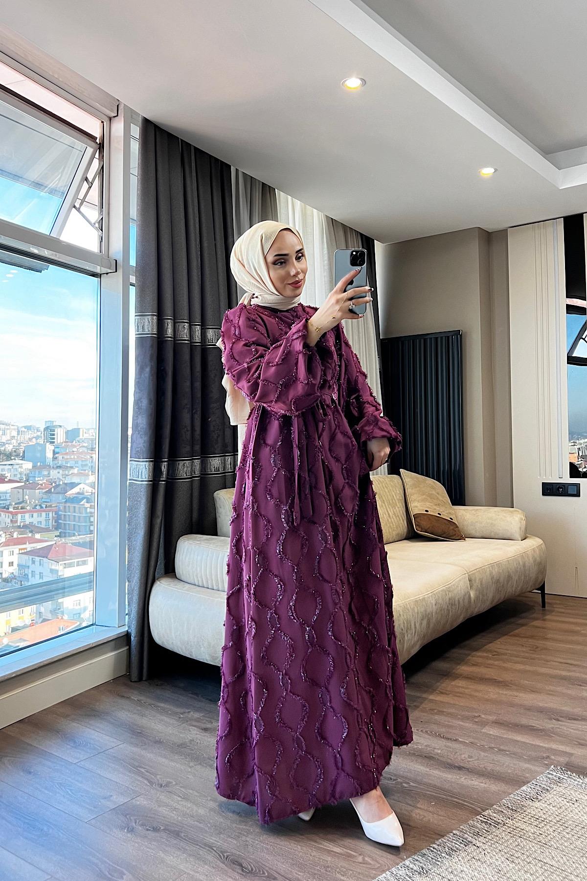 Nida Sim Detay Elbise Bordo 