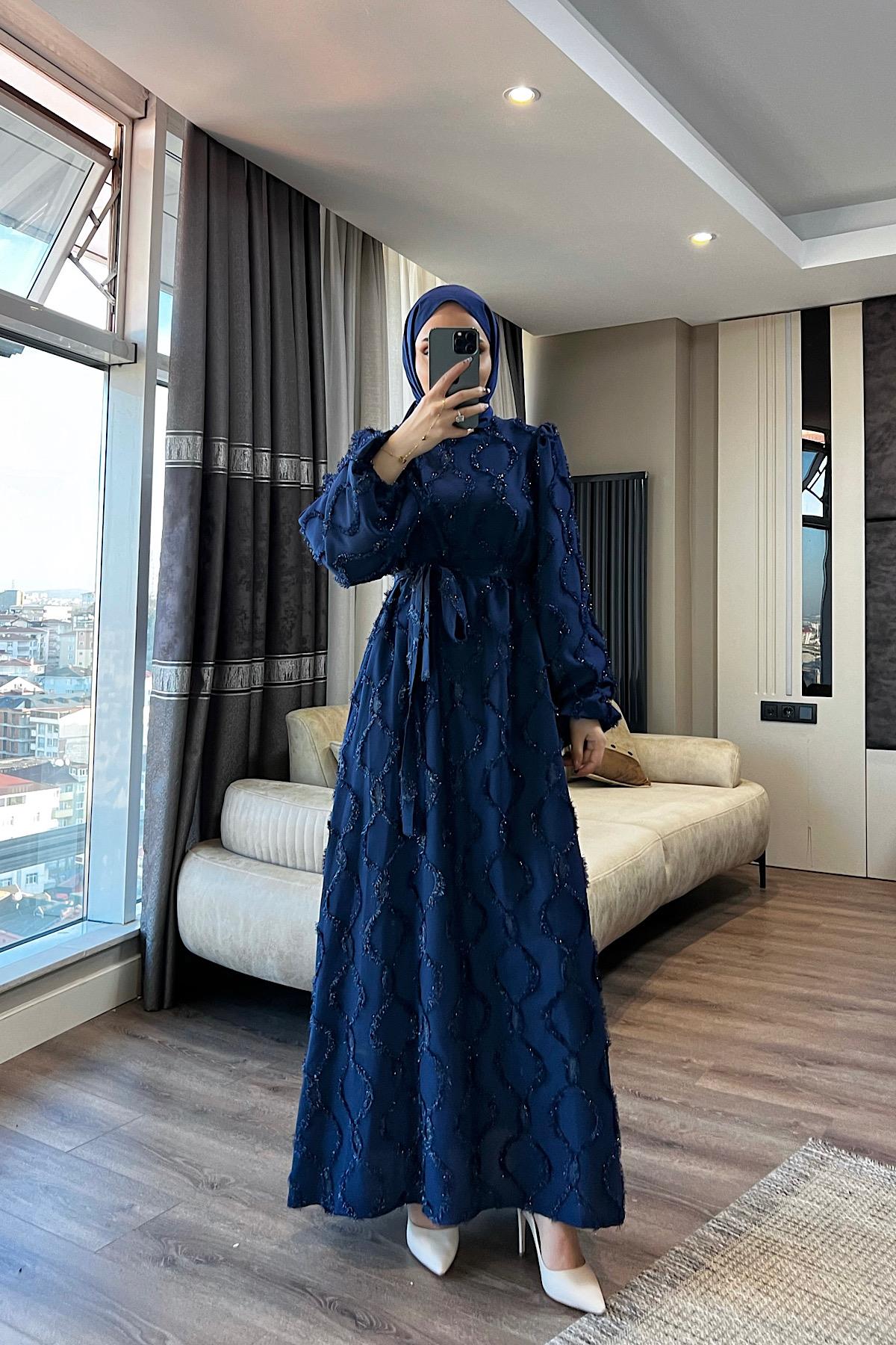 Nida Sim Detay Elbise Lacivert 