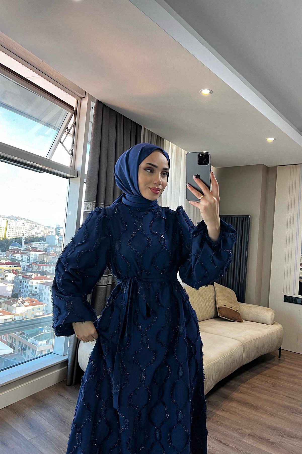 Nida Sim Detay Elbise Lacivert 