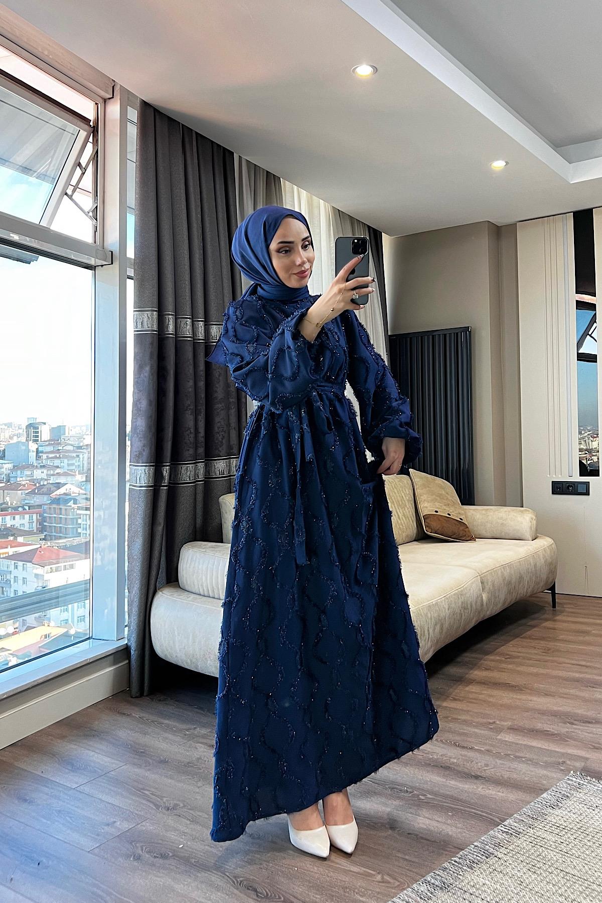 Nida Sim Detay Elbise Lacivert 