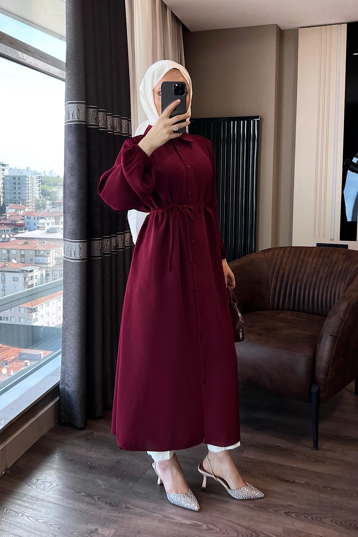 Omuz Pile Detay Düğmeli Tunik Bordo
