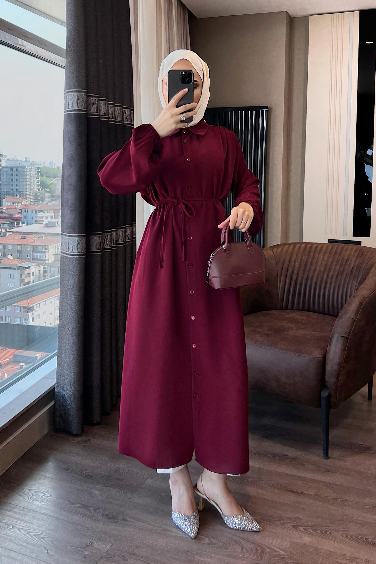 Omuz Pile Detay Düğmeli Tunik Bordo