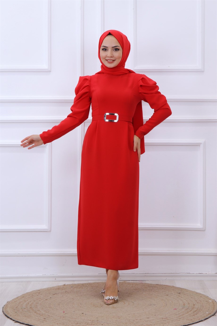 Omuzu Fırfırlı Elbise Kırmızı