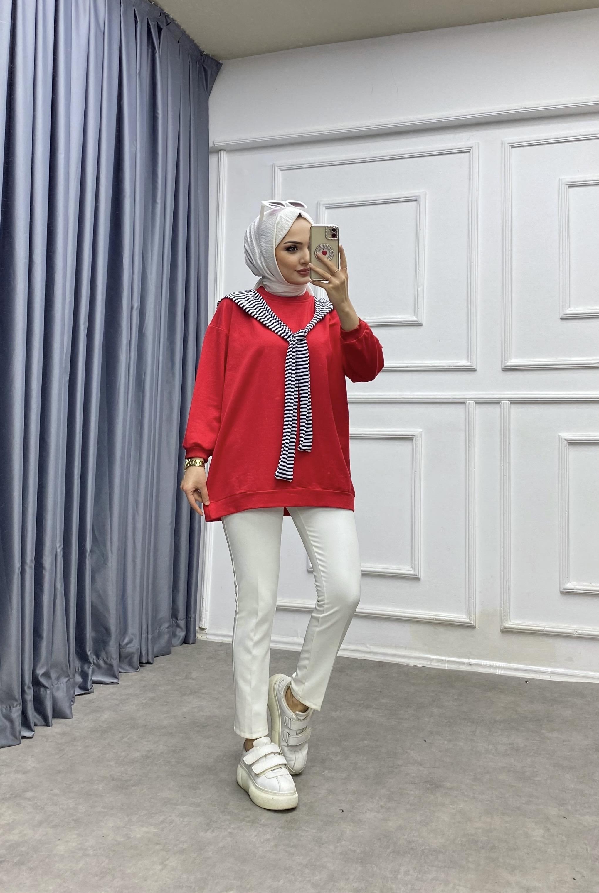 Omuzu Fularlı Sweat Kırmızı
