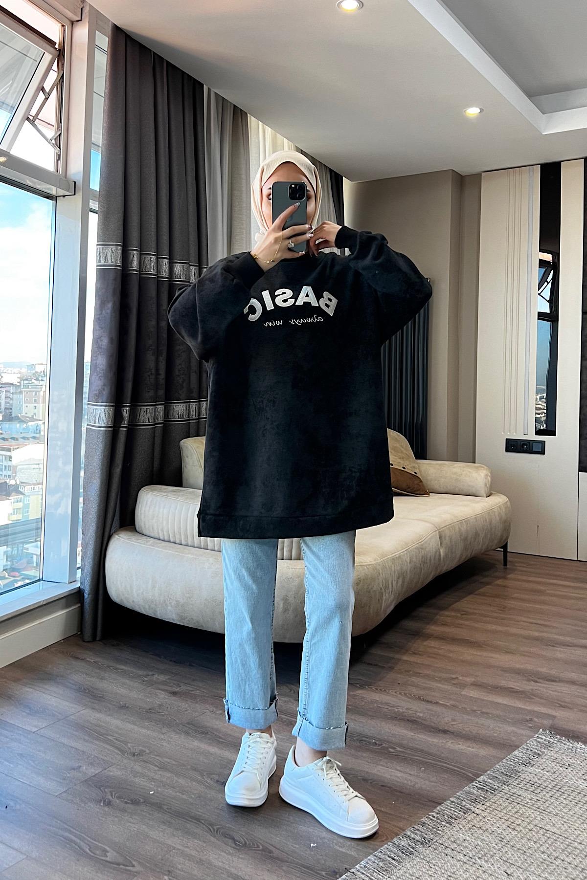 Önü Basıc Yazılı Sweat Siyah 