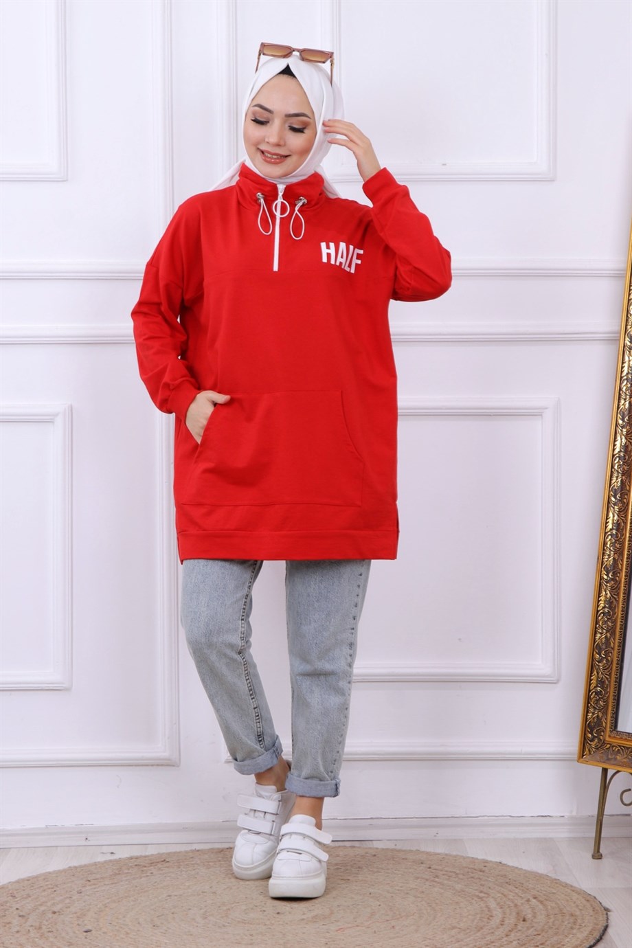Önü Half Yazı Baskılı Sweat Kırmızı