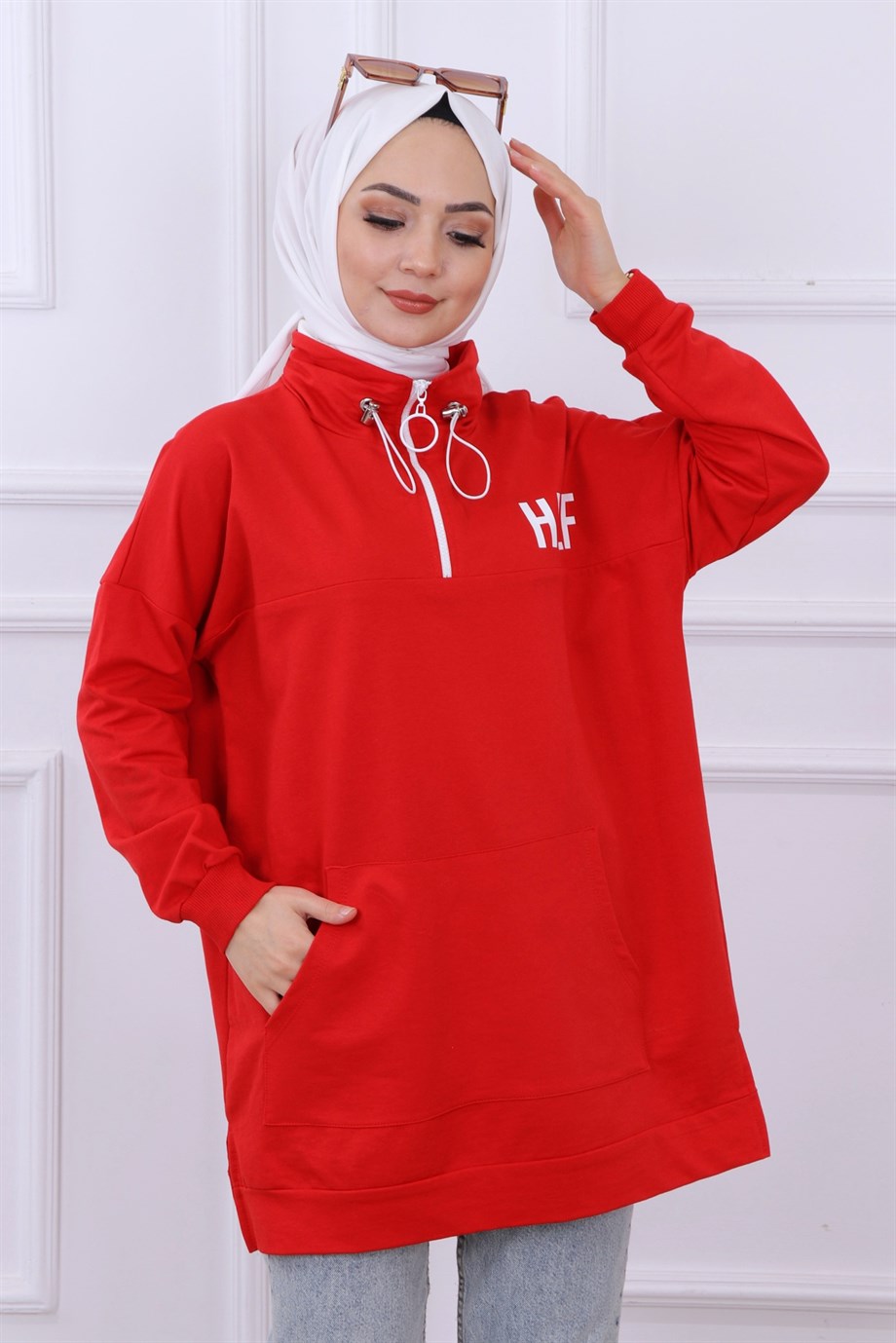 Önü Half Yazı Baskılı Sweat Kırmızı