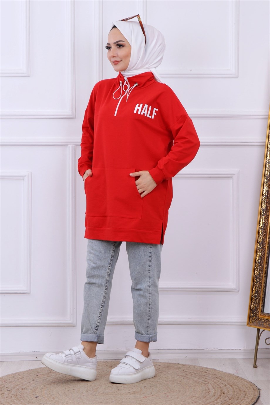 Önü Half Yazı Baskılı Sweat Kırmızı