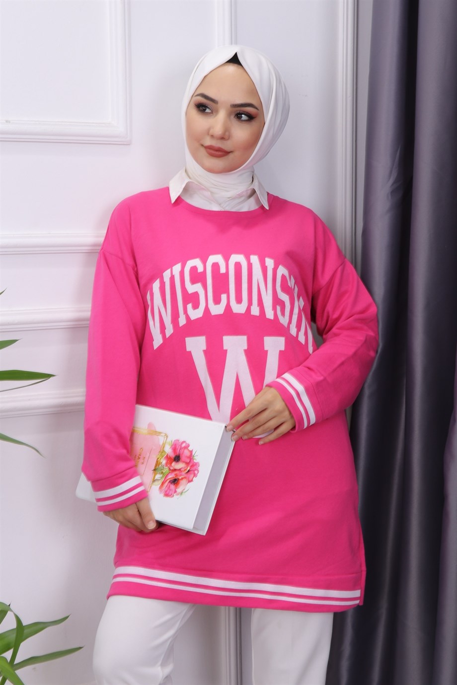Önü Wısconsın Yazılı Sweat Pembe