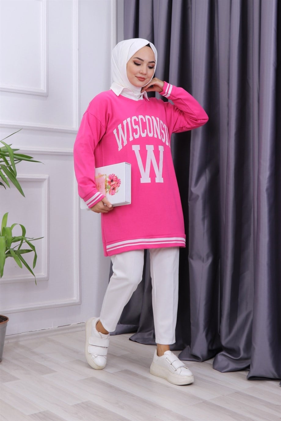 Önü Wısconsın Yazılı Sweat Pembe