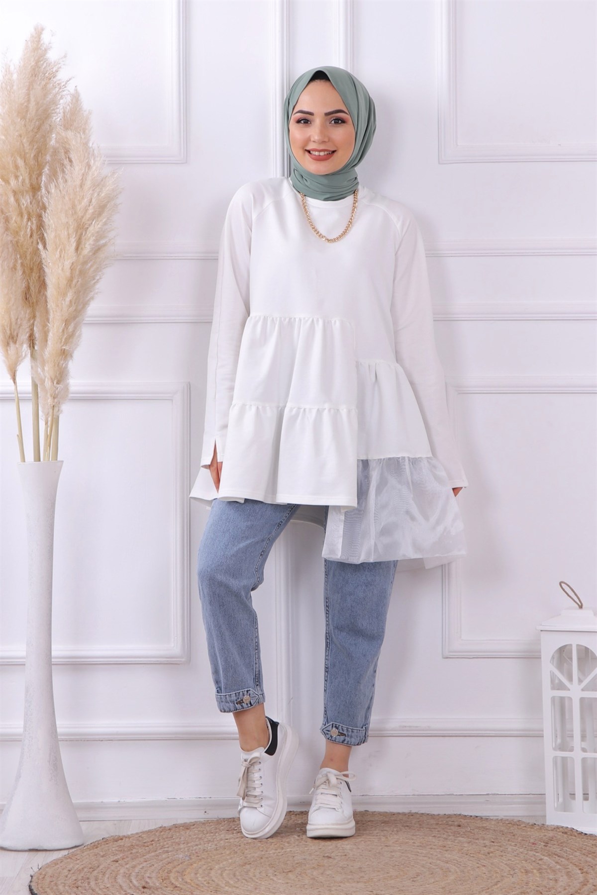 Organze Tül Detaylı Sweat Beyaz