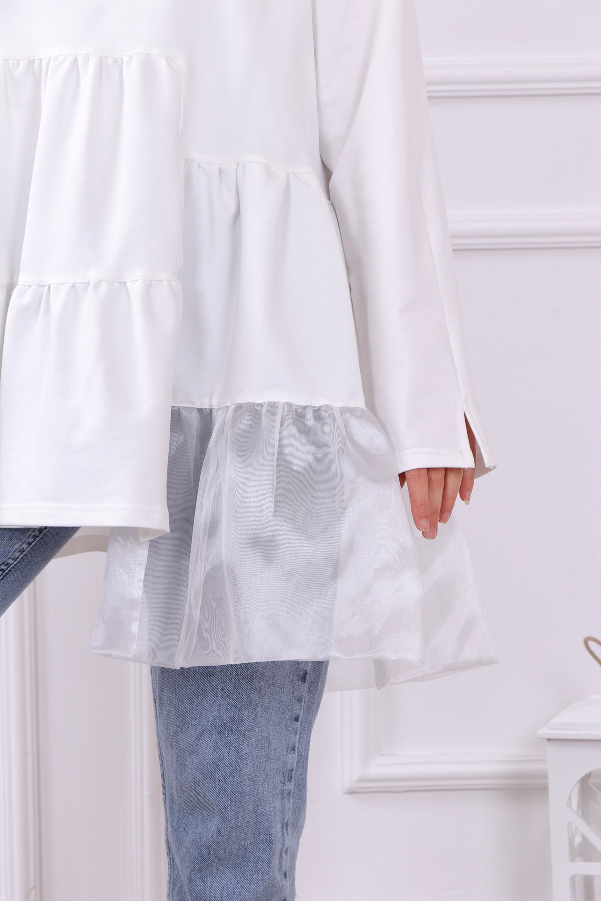 Organze Tül Detaylı Sweat Beyaz