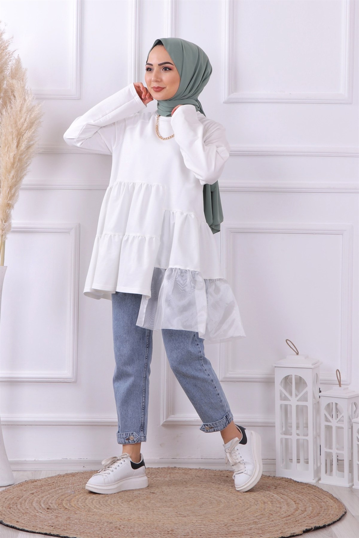 Organze Tül Detaylı Sweat Beyaz