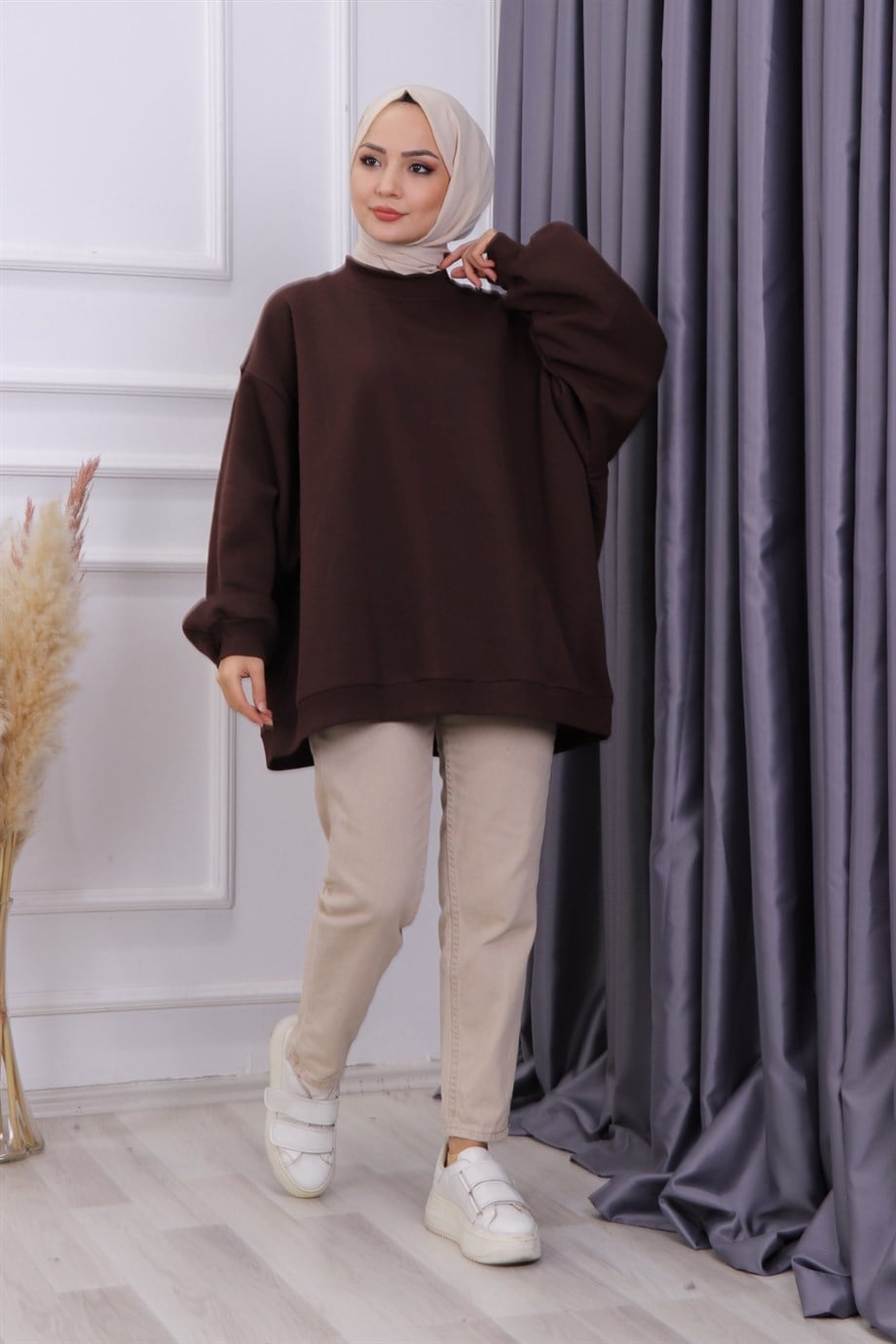 Oversize Balon Kol Tunik Kahve