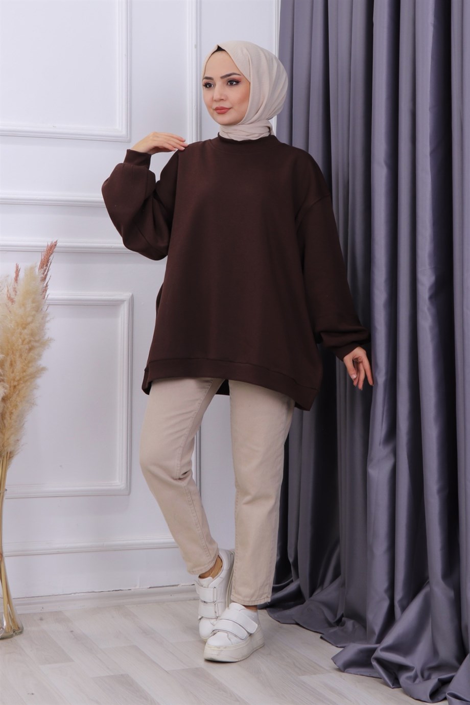 Oversize Balon Kol Tunik Kahve