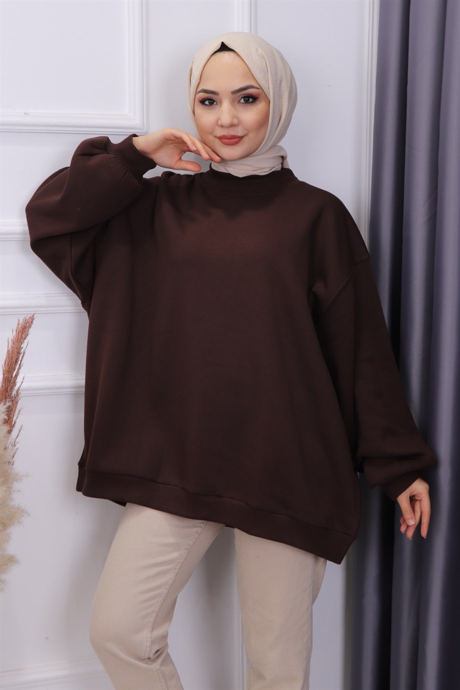 Oversize Balon Kol Tunik Kahve