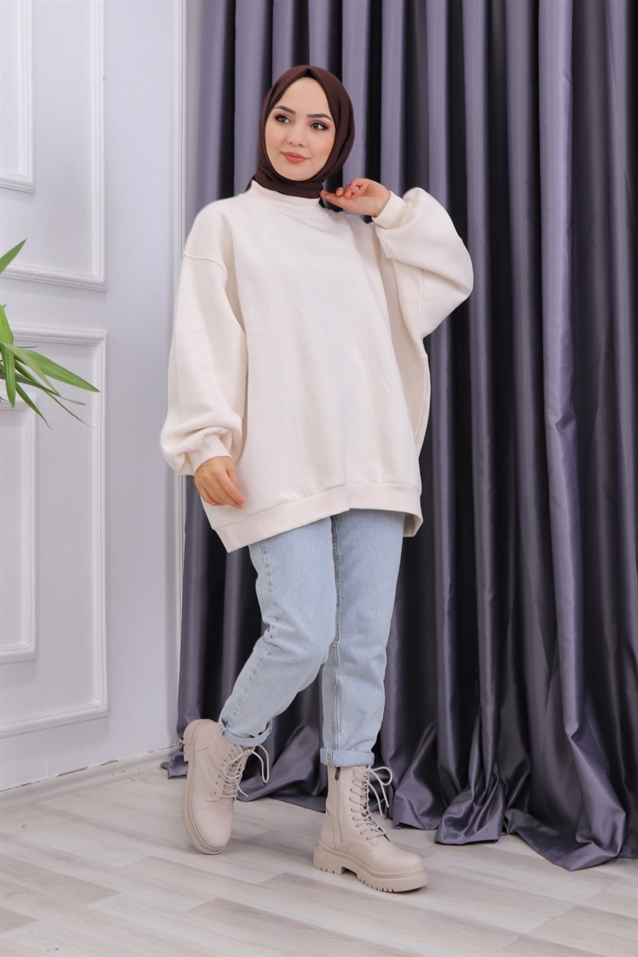 Oversize Balon Kol Tunik Krem