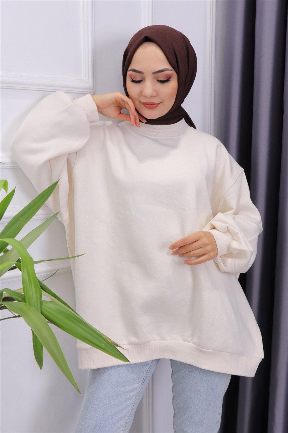 Oversize Balon Kol Tunik Krem