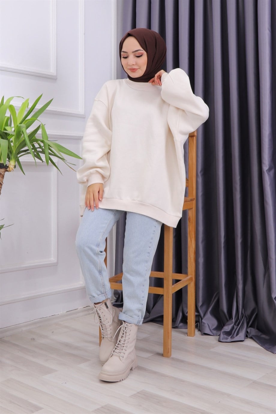 Oversize Balon Kol Tunik Krem