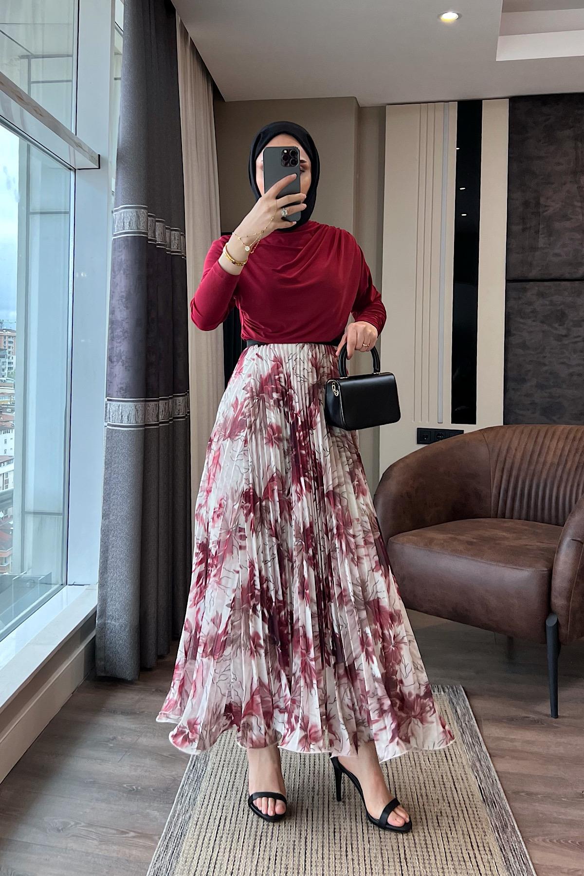 Pileli Desenli Şifon Etek Bordo