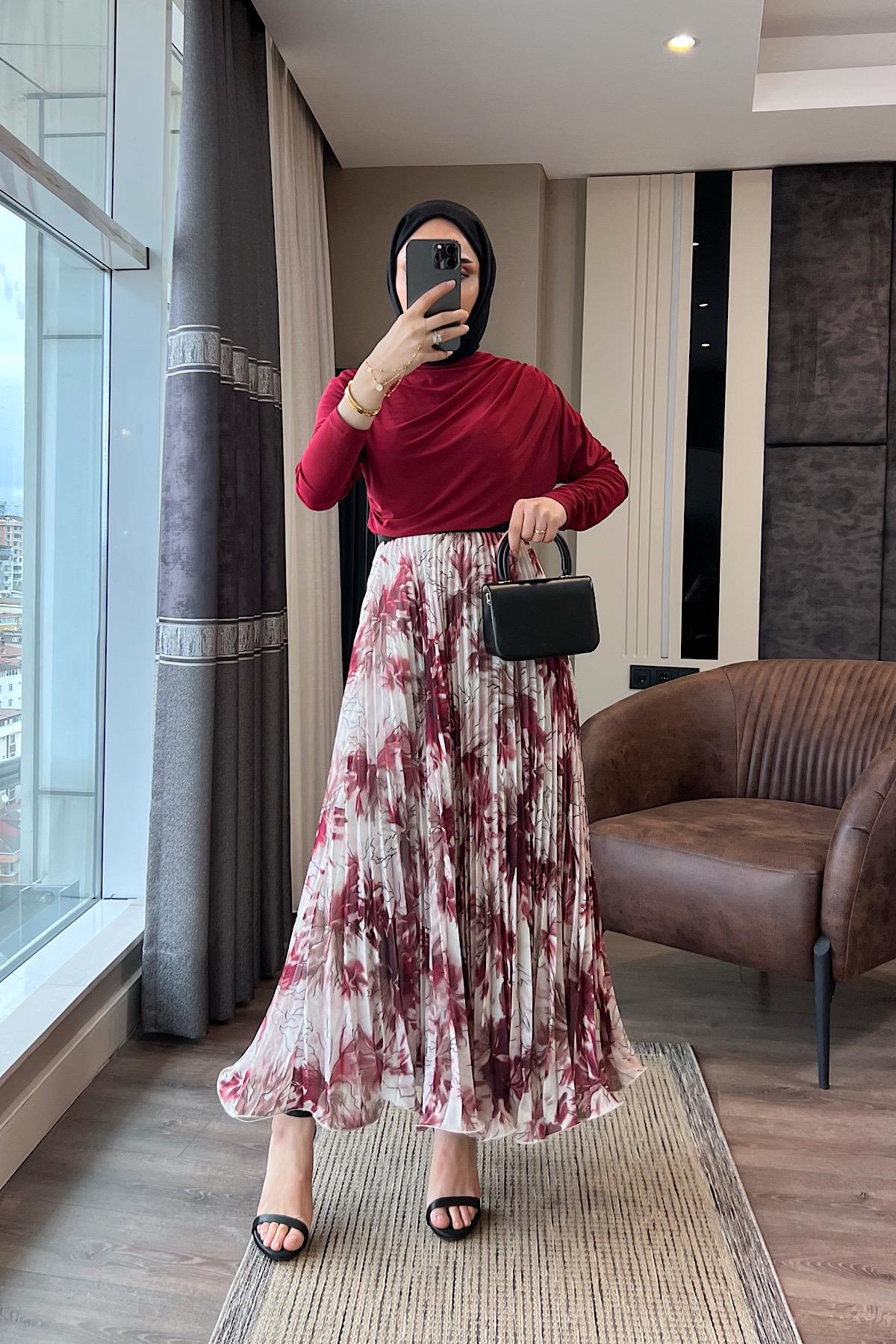 Pileli Desenli Şifon Etek Bordo