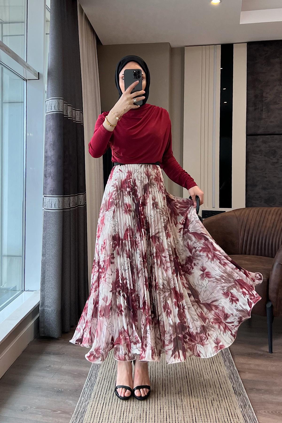 Pileli Desenli Şifon Etek Bordo