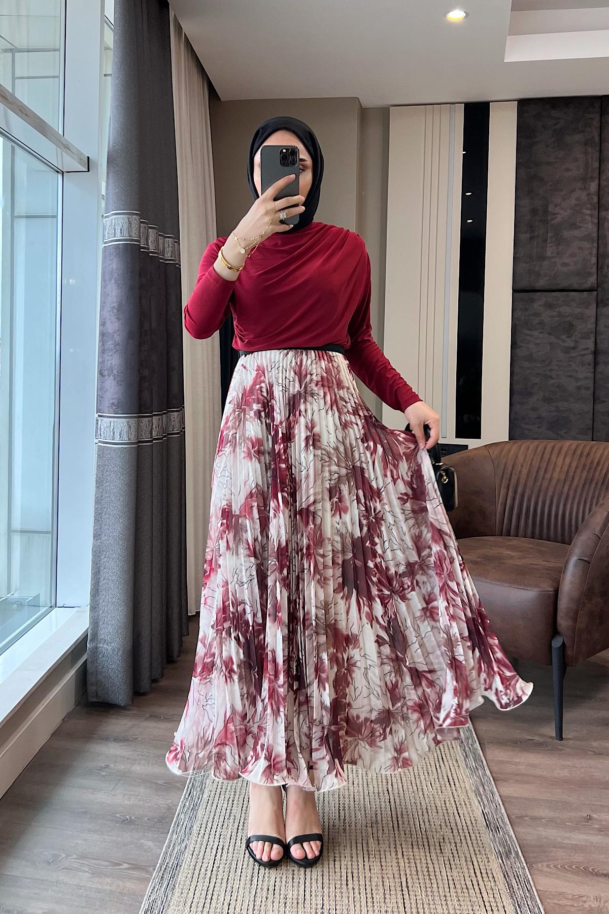 Pileli Desenli Şifon Etek Bordo