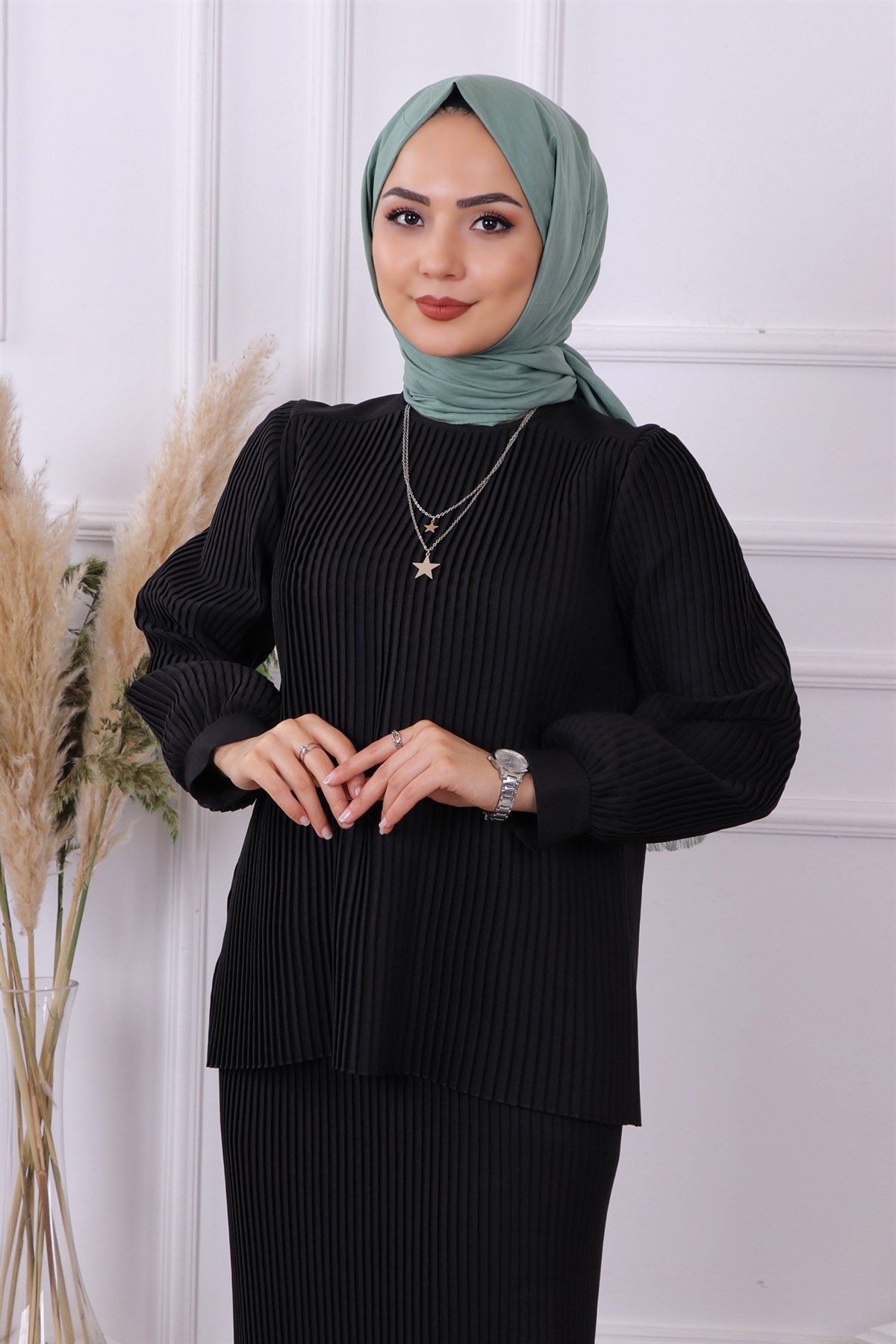 Plise Etekli Takım Siyah