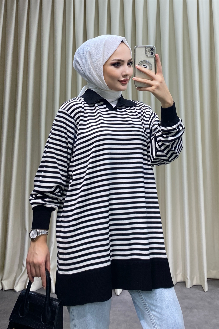 Polo Yaka Çizgili Tunik Siyah