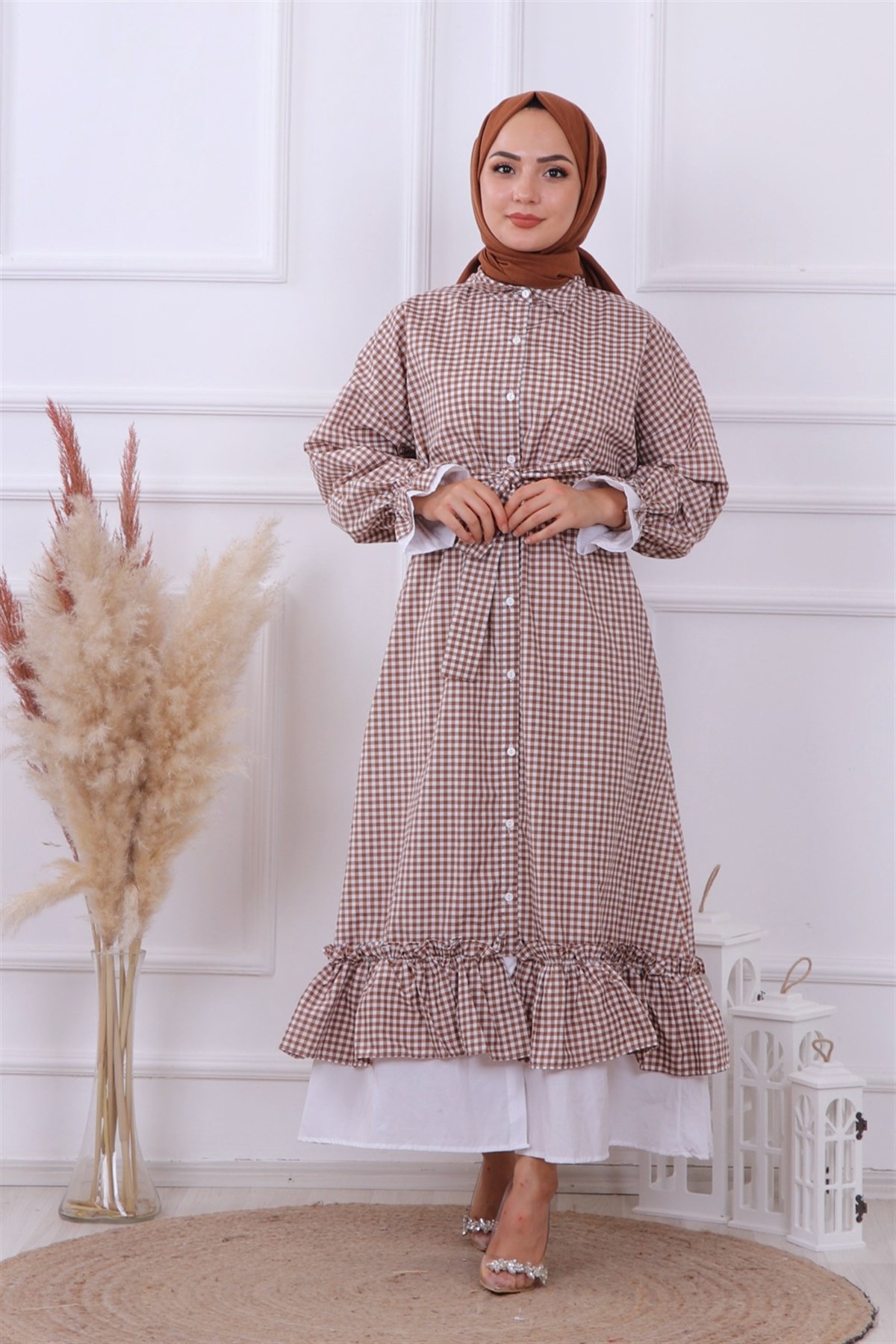 Pötikareli Elbise Kahve