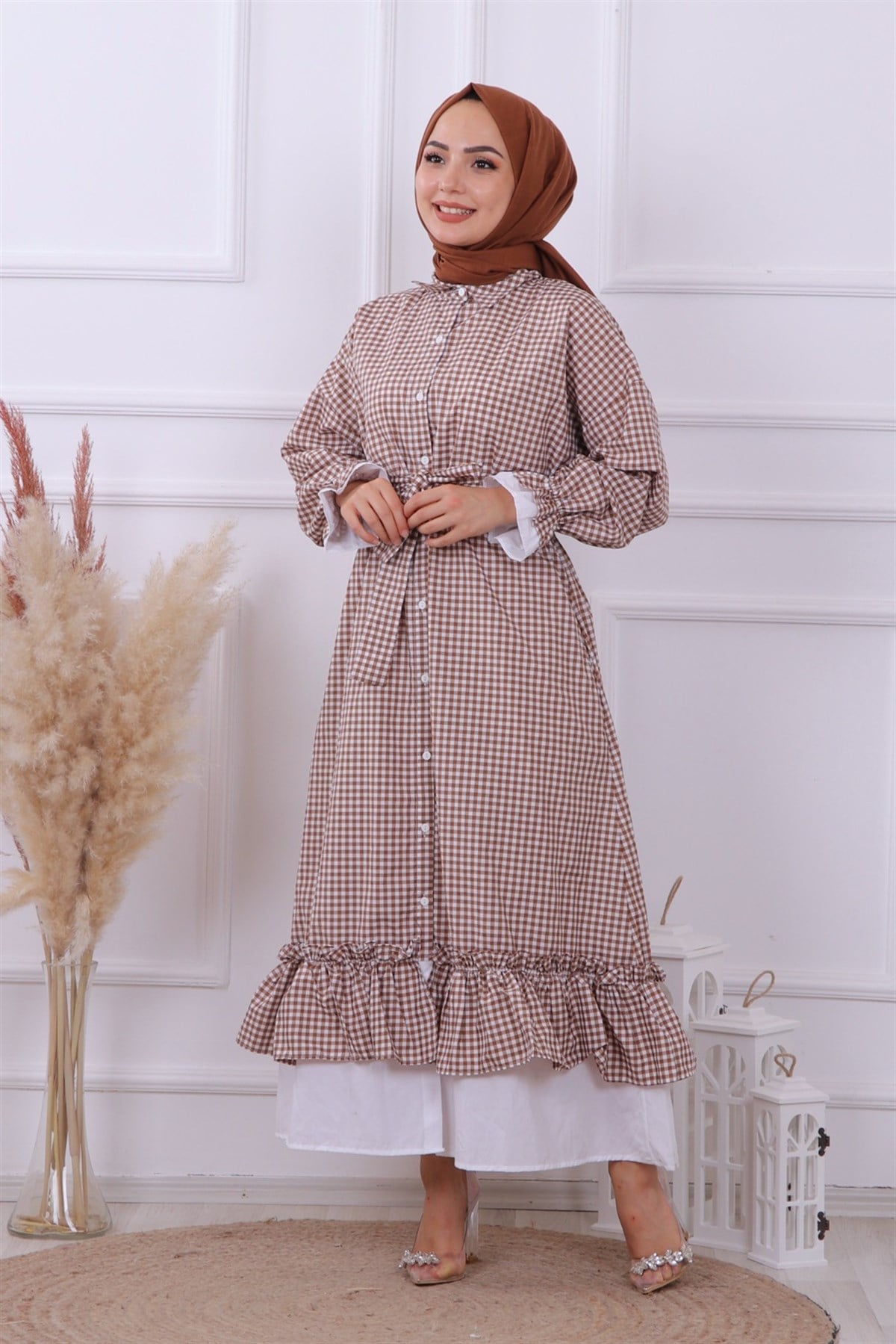 Pötikareli Elbise Kahve