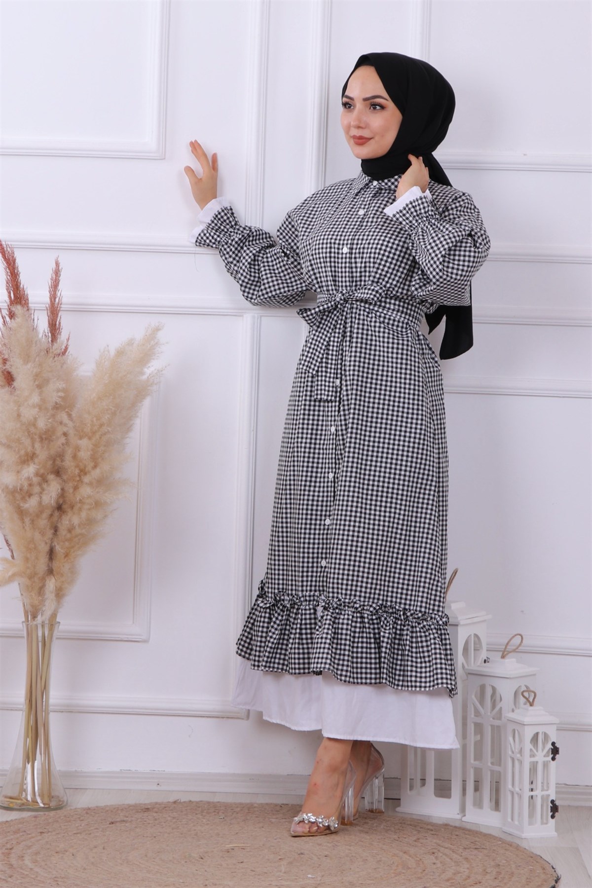 Pötikareli Elbise Siyah