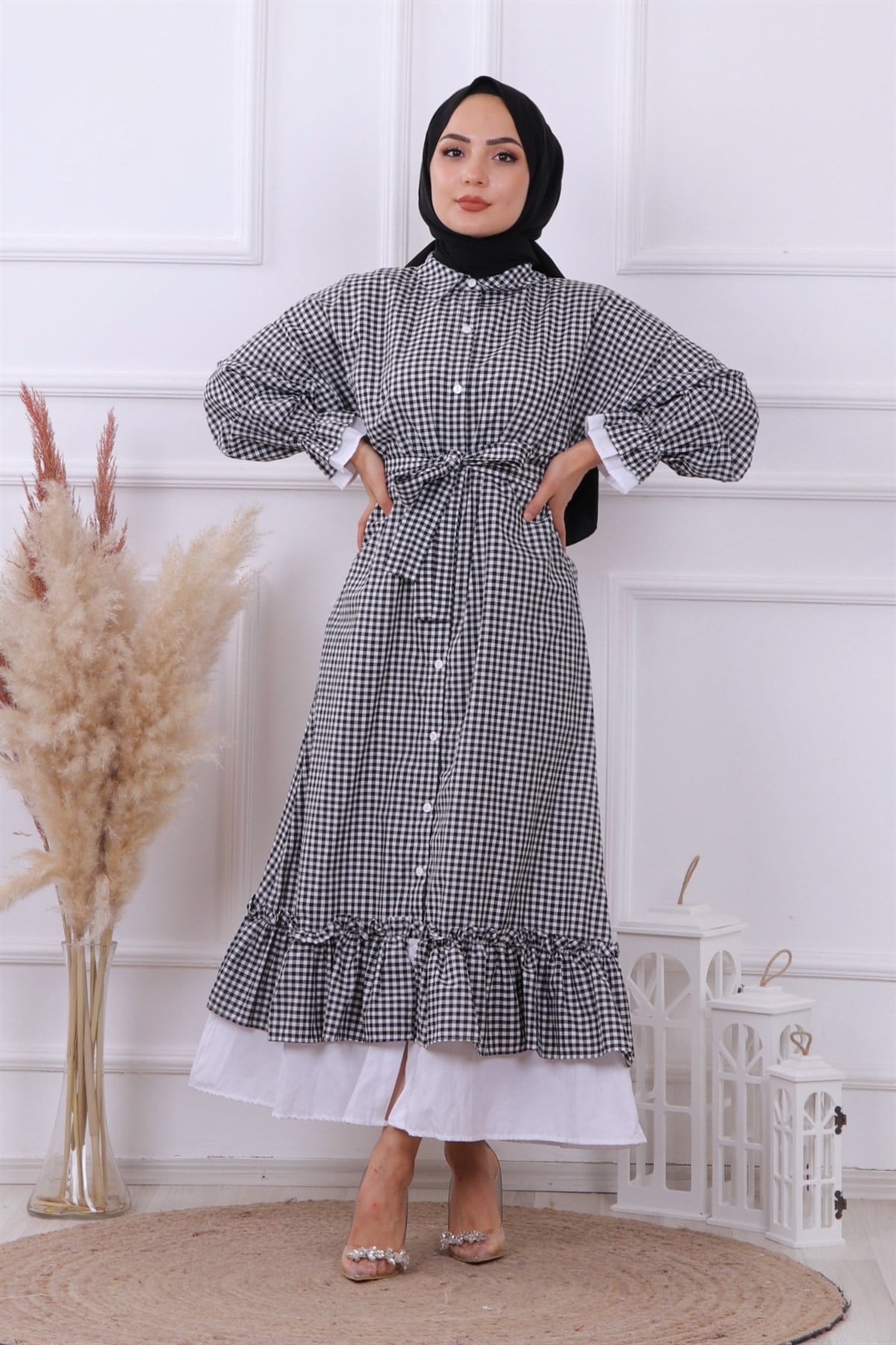 Pötikareli Elbise Siyah