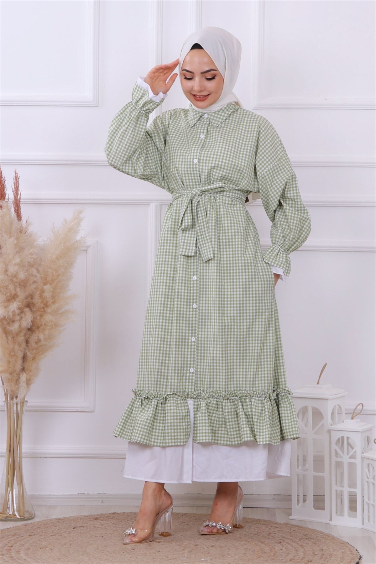 Pötikareli Elbise Yeşil