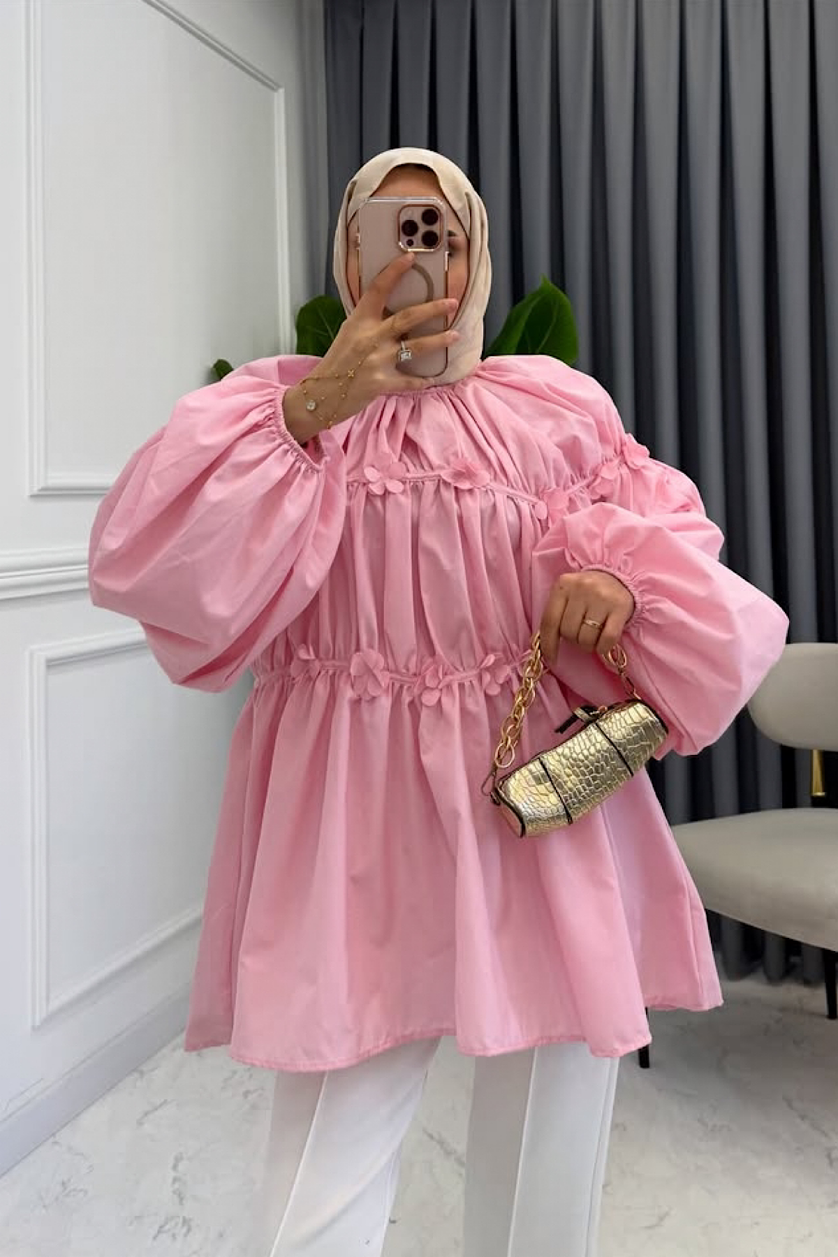 Reglan Çiçek Detaylı Tunik Pembe