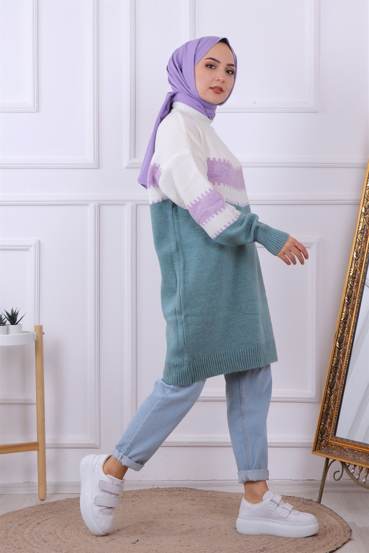 Renk Geçişli Triko Tunik Yeşil Beyaz