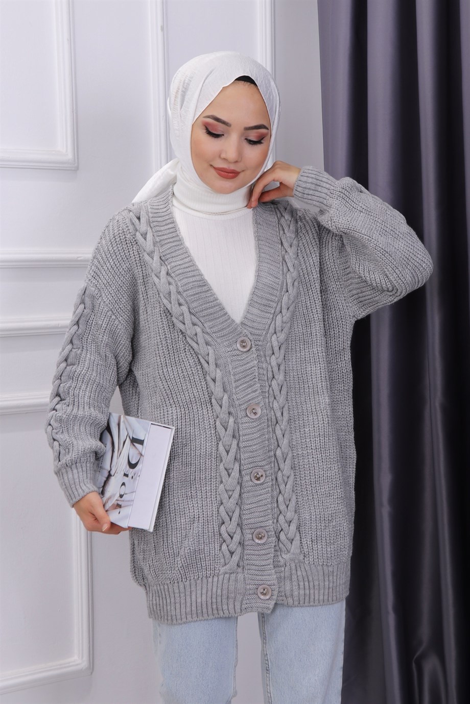 Saç Örgülü Hırka Gri