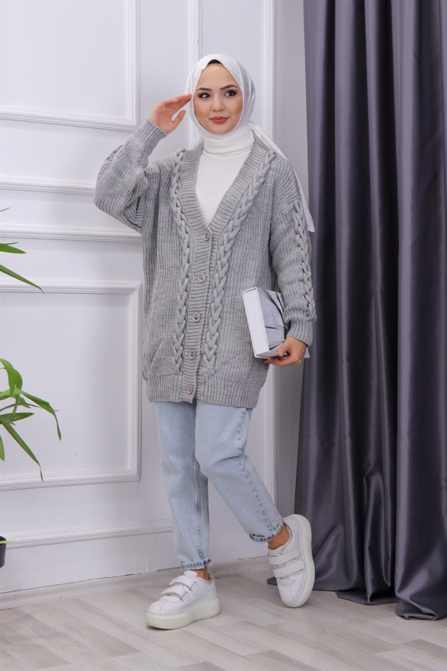 Saç Örgülü Hırka Gri