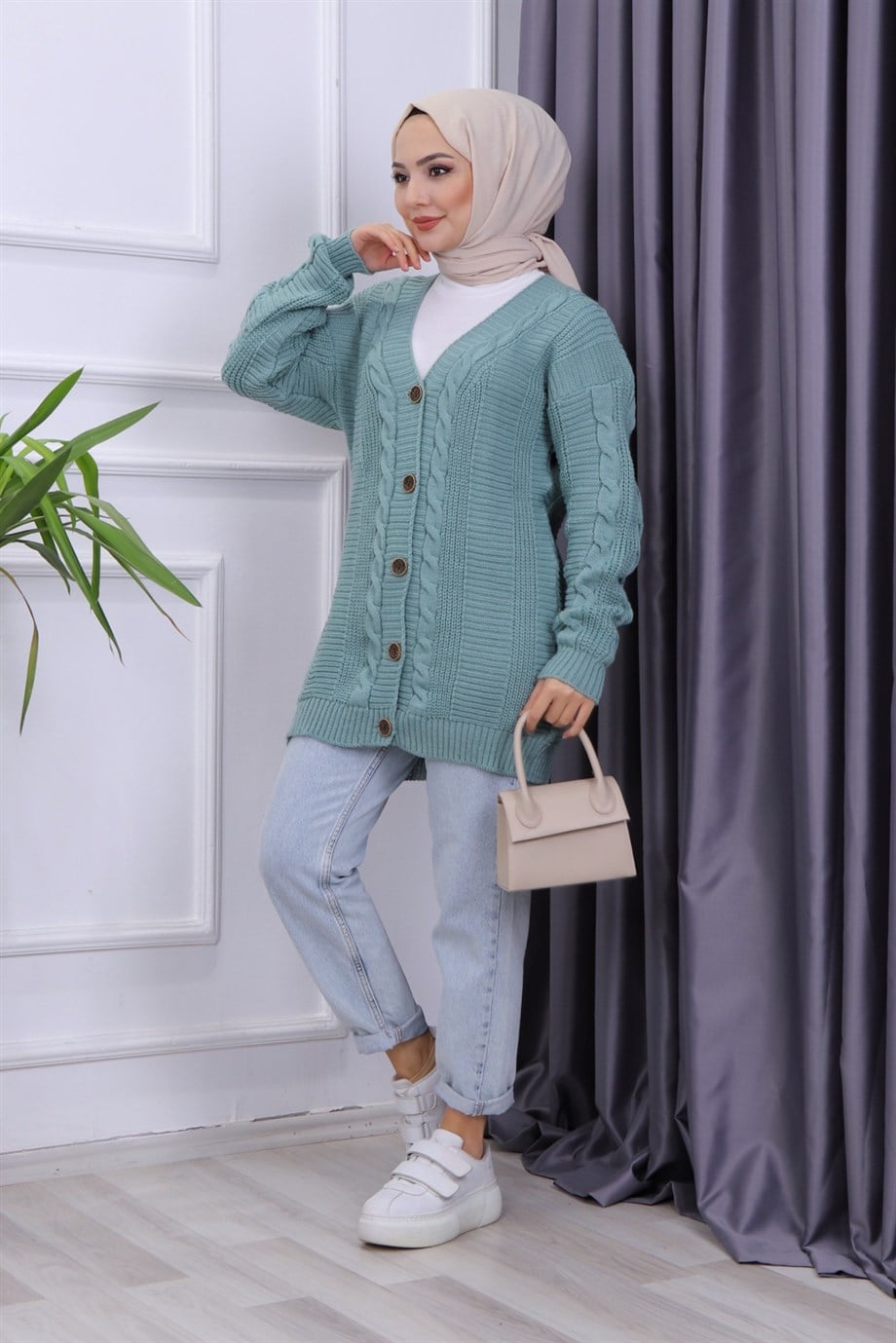 Saç Örgülü Hırka Mint Yeşili