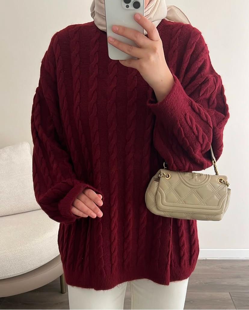 Saç Örgülü Tunik Bordo 