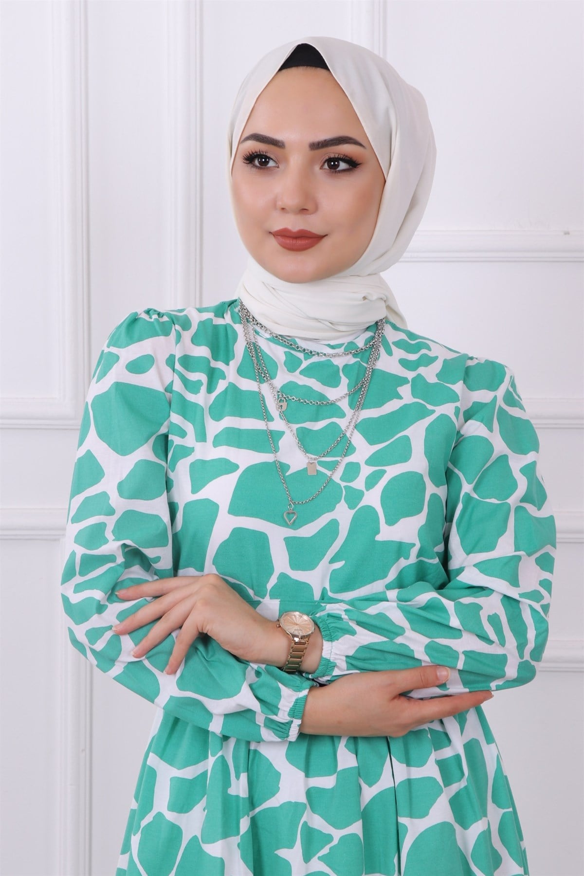 Taş Desen Elbise Yeşil
