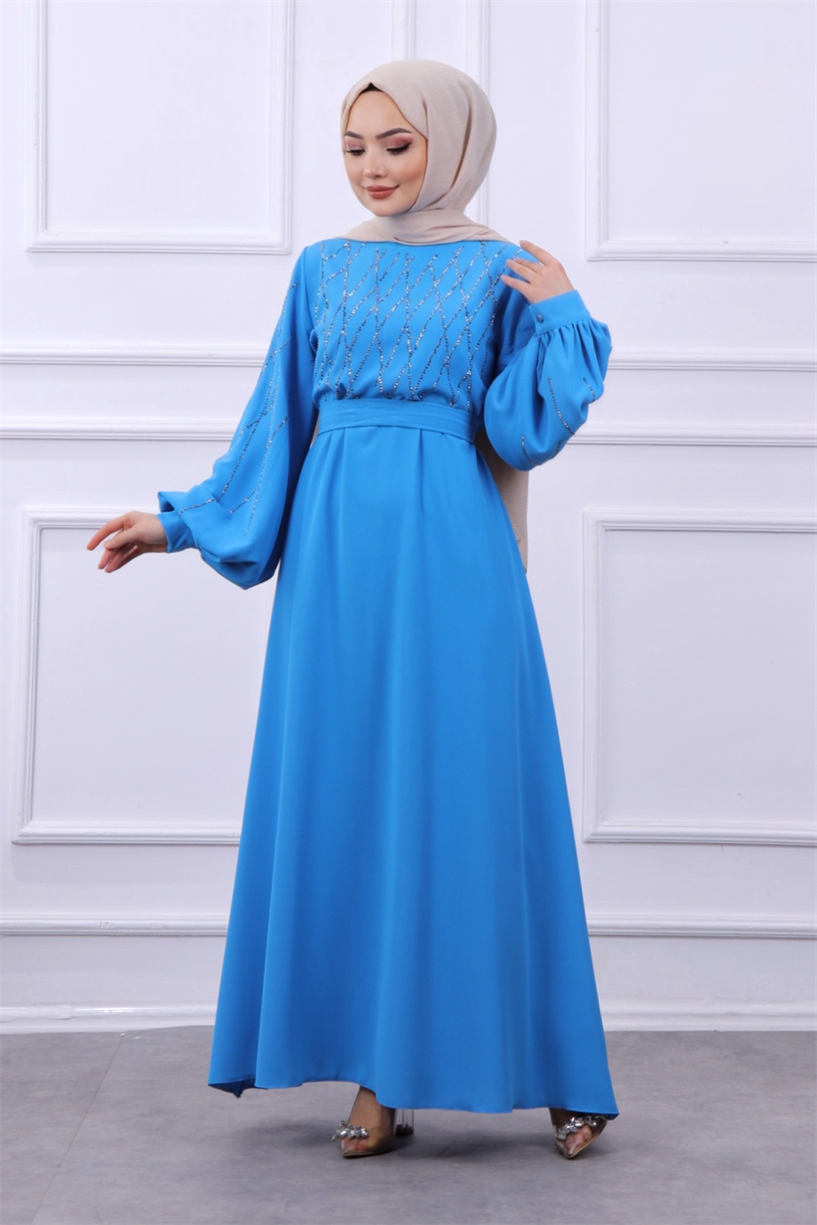 Taşlı Balon Kol Elbise Mavi