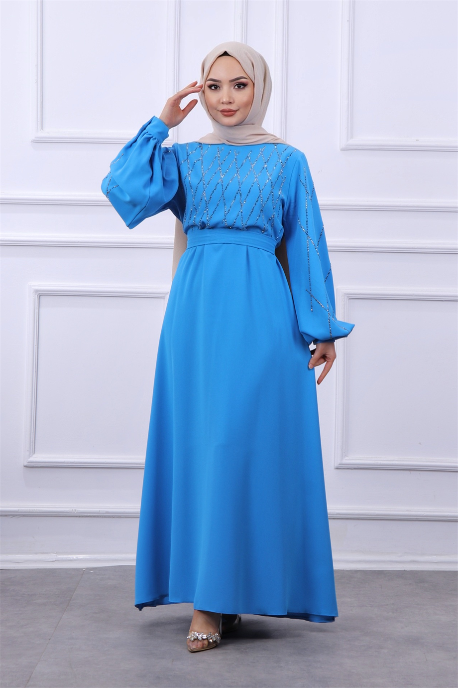 Taşlı Balon Kol Elbise Mavi